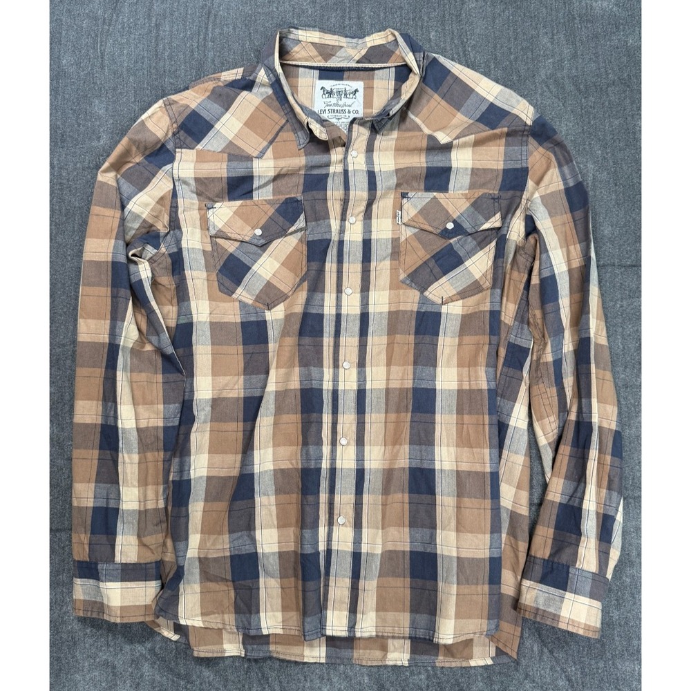 Levi’s Western Pearl Snap Plaid Shirt Men’s Large Brown Blue Long Sleeve Cowboy